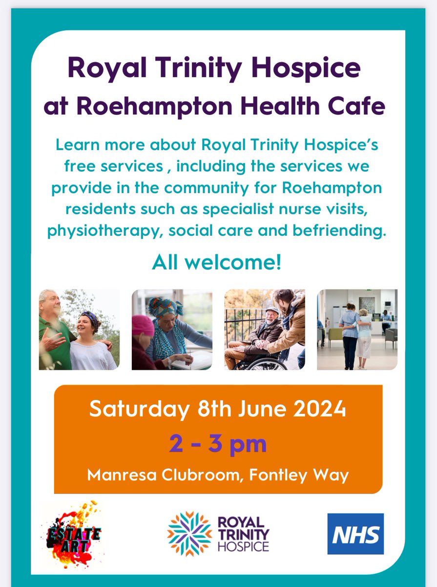 Royal trinity Hospice coming to the health cafe at manresa clubroom next Saturday 8th June 2-3pm . Come and find out about all the services they provide in the community of Roehampton. g.co/kgs/SynGE5j Manresa Clubroom - Alton Sheltered Housing Scheme
020 8788 1439