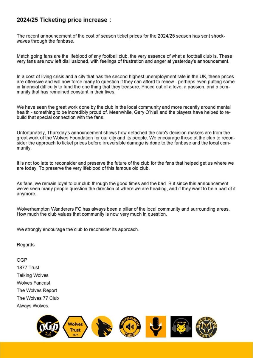 TalkingWolves's tweet photo. Fan Statement &amp; Petition - Season Ticket Pricing 🎫 

Following yesterday's club announcement, Talking Wolves have launched a joint statement with other fan groups.

Please read and sign the petition: https://t.co/2BFZZYkcKT

Have a voice 🐺 

#WWFC #Wolves https://t.co/y46eiWaeag