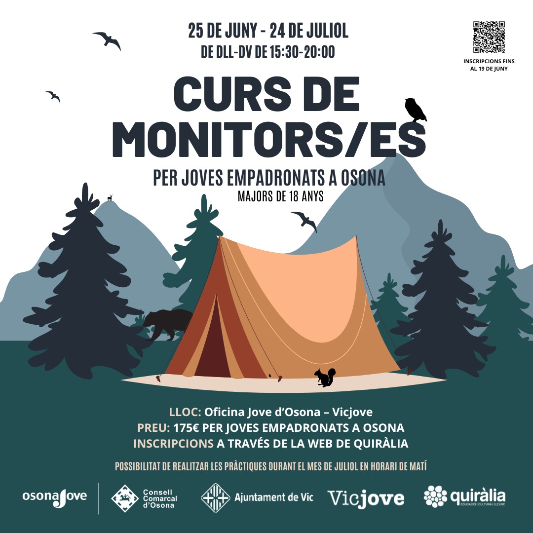 ☀️​CURS DE MONITORS/ES 2024​

Si ets major 18 anys i estàs empadronat/da a #Osona no t'ho pensis més i inscriu-te al nou curs intensiu de monitors/es d'aquest juliol

🏕️​​ Afanya't, tens temps fins al 19 de juny ​📆​ per inscriure't i les places són limitades!

#LMV #JoventutLMV
