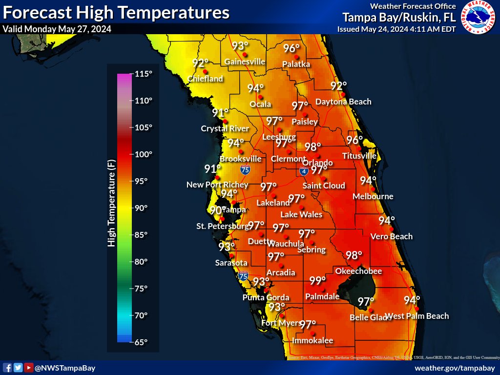 As we start to head into our holiday weekend we are looking at near record breaking temperatures for our area especially in the interior. If you are outdoors please make sure to take lots of break and stay well hydrated. #flwx