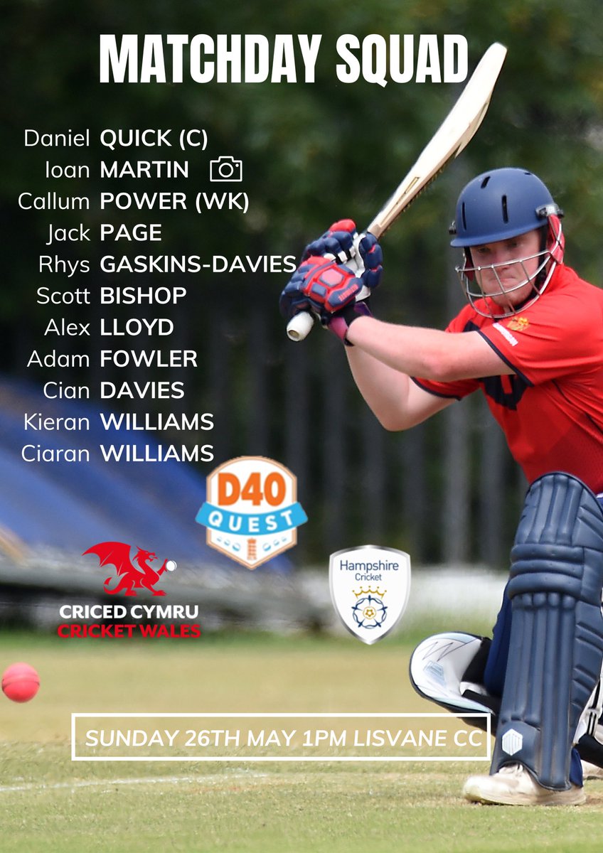 After a close game last time out against Surrey our D40 side are back in action Sunday as we host Hampshire at Lisvane 💪🏻🏴󠁧󠁢󠁷󠁬󠁳󠁿 

𝑳𝑬𝑻𝑺 𝑮𝑶𝑶𝑶!

Here is your Wales 👇🏻

🆚 <a href="/hantscricket/">Hampshire Cricket</a>
🗓 Sunday 26th May
🏏 D40 Quest
📍 <a href="/lisvanecc/">Lisvane Cricket Club</a>
⏰ 1pm

🏏🏴󠁧󠁢󠁷󠁬󠁳󠁿🐉🔴🔵 | #WeAreWelshCricket