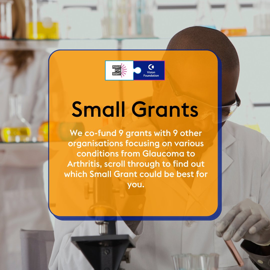 We co-fund 9 grants with 9 other organisations focusing on various conditions from Glaucoma to Arthritis, scroll through to find out which Small Grant could be best for you! Or head to fightforsight.org.uk/apply-for-fund…