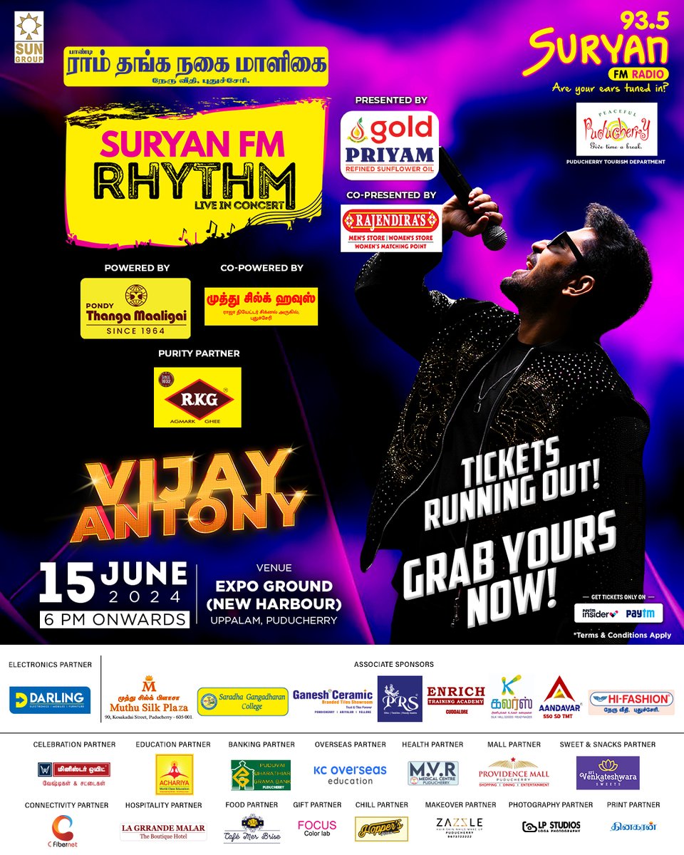 Rhythm Live In Concert with 'Vijay Antony' 😎

GET READY PUDUCHERRY 🎶

Tickets Running Out!

Grab Yours Now : insider.in/suryan-fm-rhyt…

#VijayAntony #VijayAntonyConcert #SuryanFM