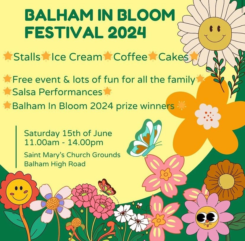 The Balham in Bloom Festival 2024 is coming soon! Join Beautify Balham on Sat 15th June from 11am - 2pm at St Mary's Balham for a FREE day out for the whole family!
Enjoy live music, salsa performances, kid's activities and the Prize Ceremony for the #Balham in Bloom competition!