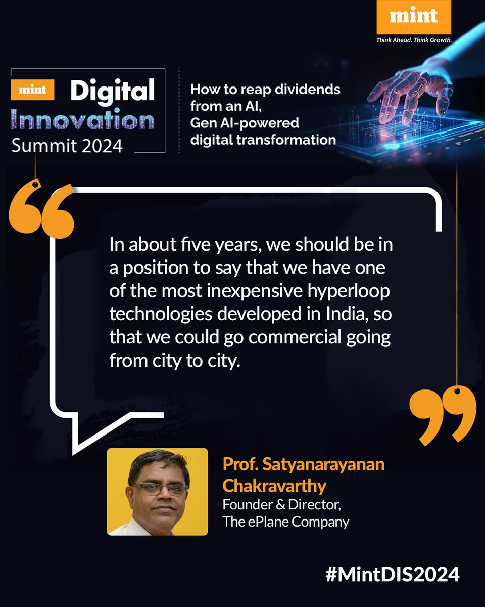livemint's tweet photo. #MintDIS2024 | @satchakra_iitm, Founder & Director, @ePlaneCompany and a professor at IIT Madras speaks on the future of #ePlanes and #hyperloops in India at the Mint Digital Innovation Summit 2024.
Watch LIVE: https://t.co/SXKPbdd9dY https://t.co/7g1j8lz43S