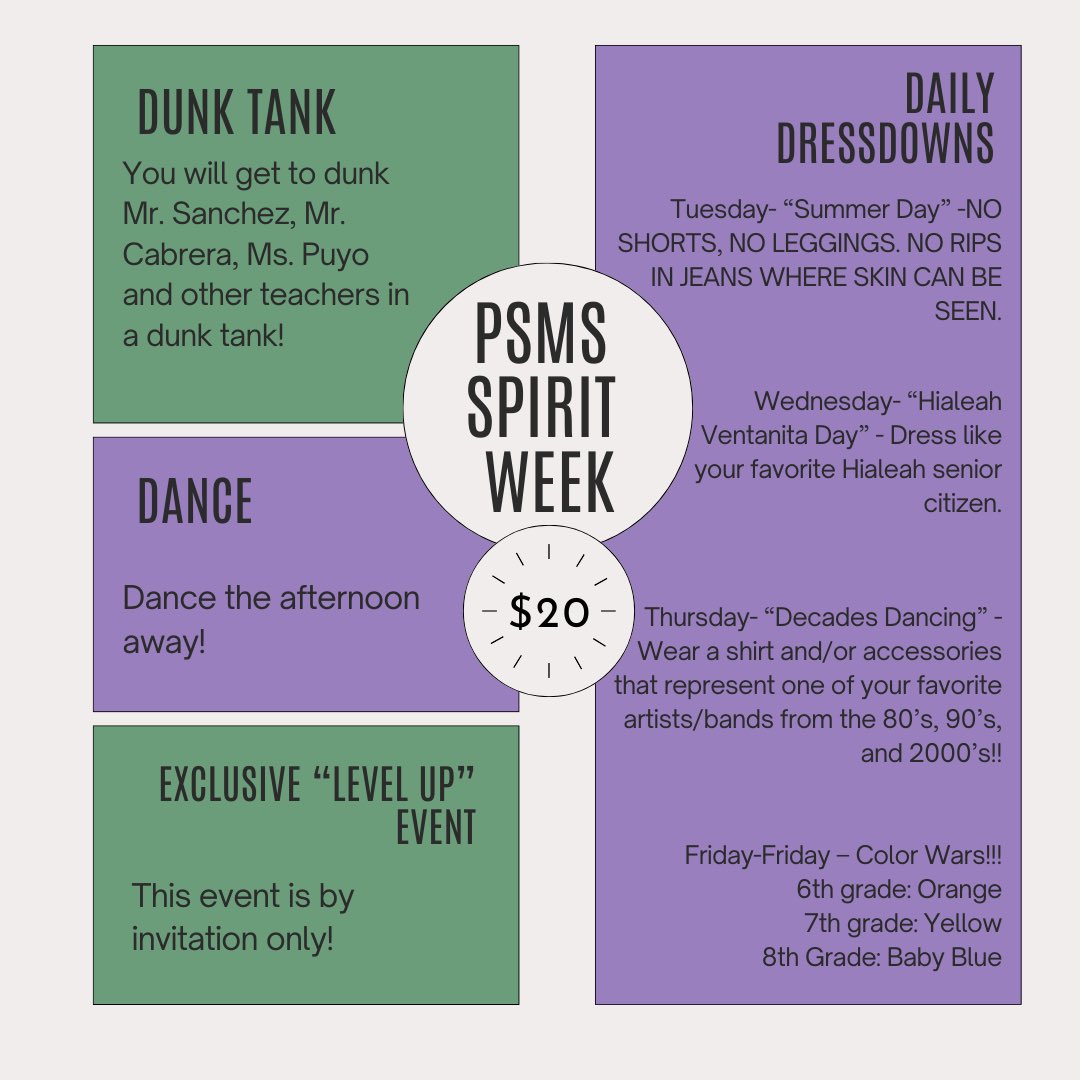 Next week is our end of year spirit week! Purchase a wristband for $20 to participate in daily dress-downs, the dunk tank, an afternoon dance, &amp; an exclusive level up event that is invitation only!
You must wear your wristband at all times and lost wristbands will not be replaced