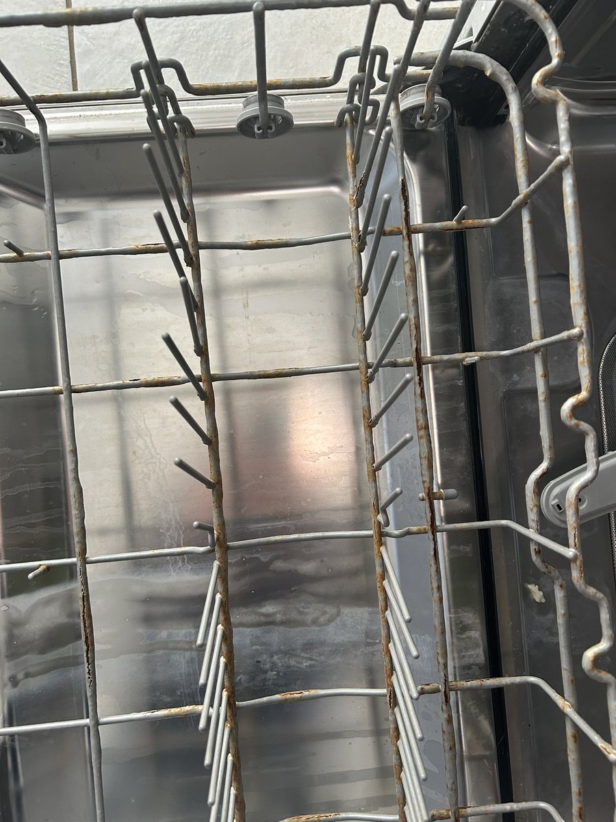 FairyX786's tweet photo. I bought a @HisenseSA dishwasher in April 2023 and both racks are rusted to such an extent that it stains my dishes. I’ve been engaging with @HisenseSA via email, but apparently this is normal wear and tear and it’s my problem as the warranty does not cover their poor quality! https://t.co/WZq0gfzWr5
