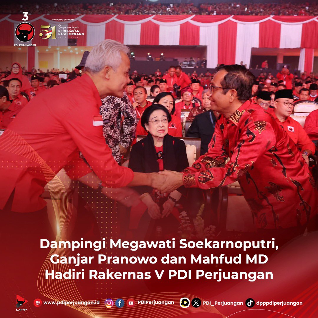 Dampingi Megawati Soekarnoputri, Ganjar Pranowo dan Mahfud MD Hadiri Rakernas V PDI Perjuangan.

#PDIPerjuangan
#M3nangkanRakyat
#KebenaranPastiMenang
#SatyamEvaJayate