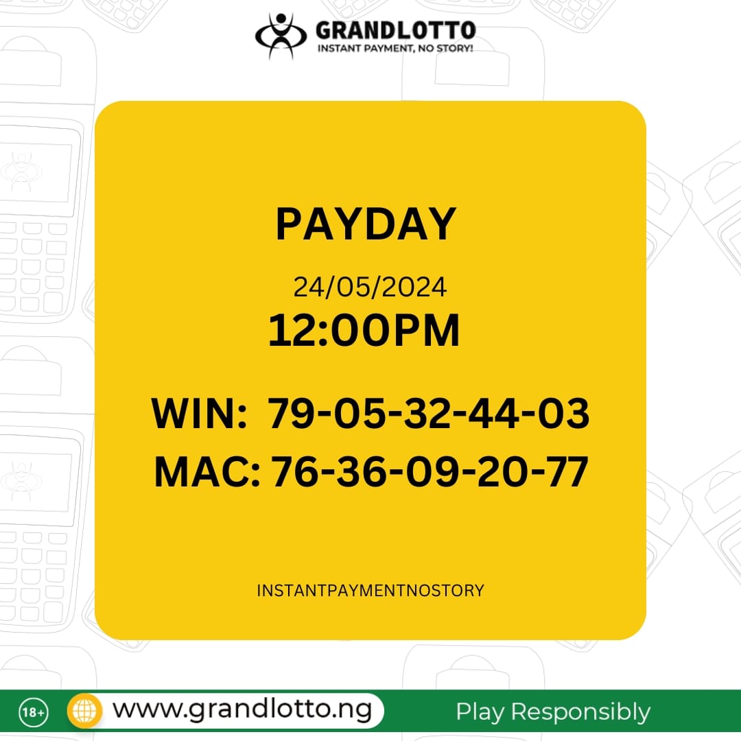 PAY DAY RESULT

#Instantpayment #nostory #Grandlotto #lotto #Lottonigeria #indoorgames #playandwin #playanywhere #winningsanywhere #cashout #chooseyellowterminal