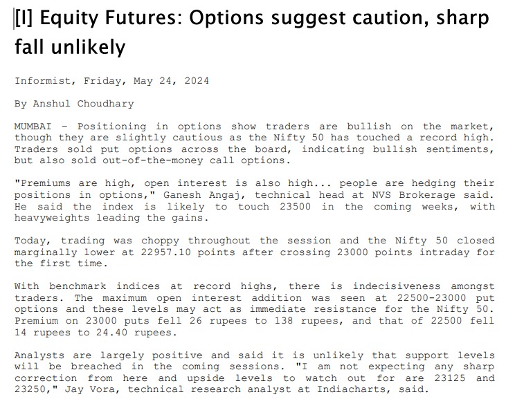 Equity Futures: Options suggest caution, sharp fall unlikely. Informist, Friday, 24th May - featuring @JayVora1992 - senior Market Analyst, Indiacharts & Strike. #EquityFutures #MarketAnalysis #OptionsTrading #StockMarket #IndiaCharts #Strike #MarketCaution