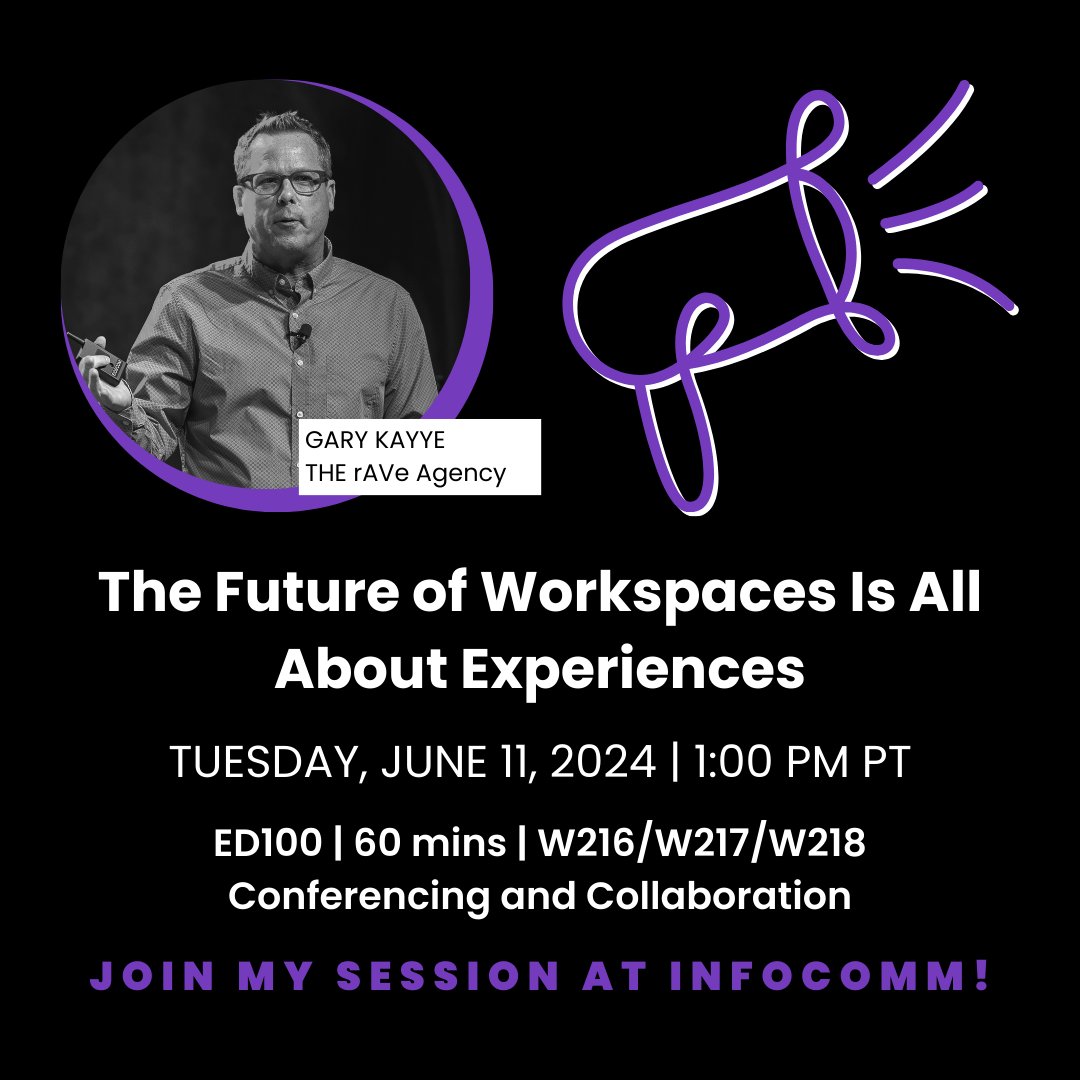 Gary Kayye will present 'The Future of Workspaces Is All About Experiences' at #InfoComm24 on June 11 at 1:00 p.m. Learn about the latest trends in post-pandemic workspaces. Register now: infocommshow.org/infocomm-2024/… @gkayye
