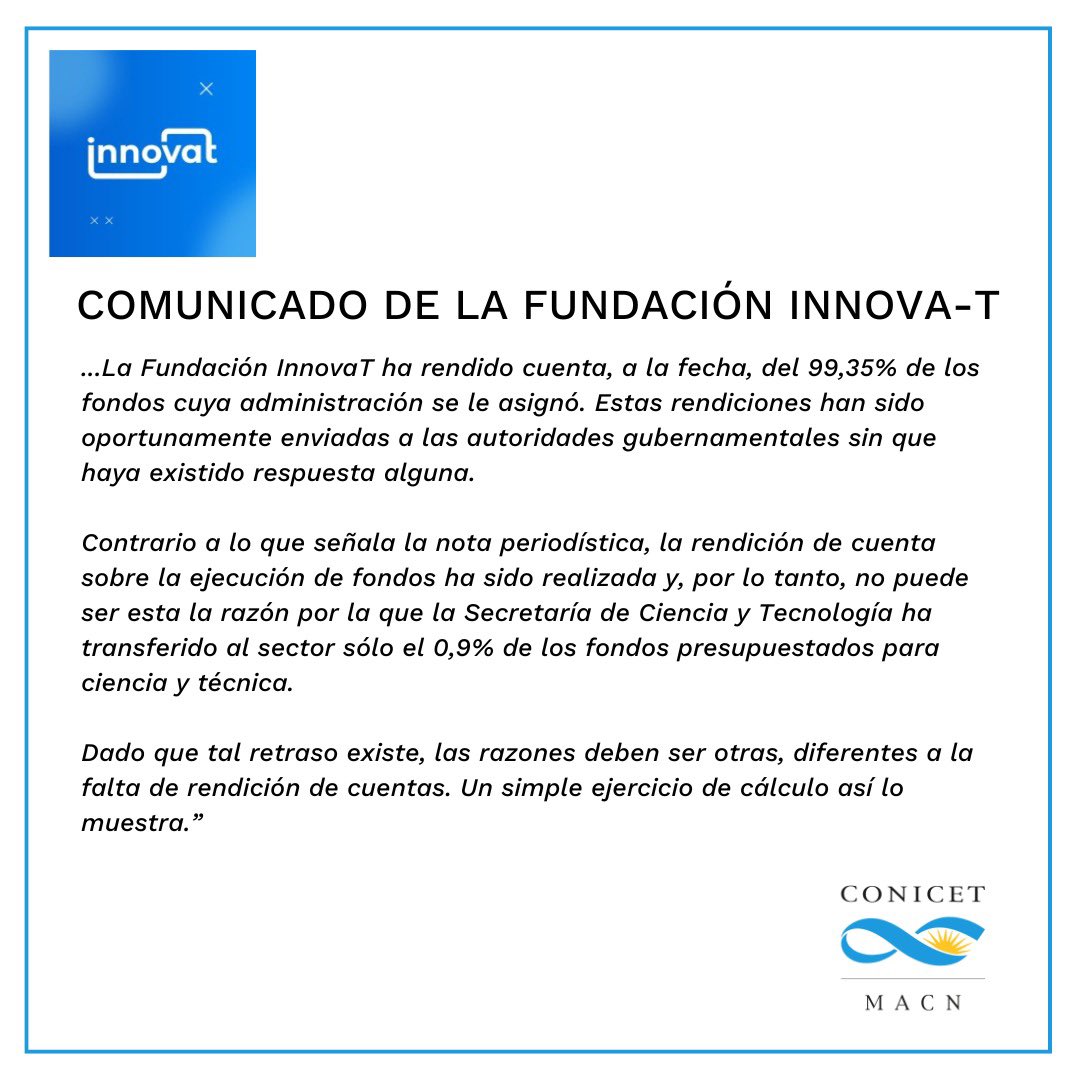 Ante las falsedades enunciadas en la nota de Clarín donde se intenta justificar el desfinanciamiento del Sistema Científico y Tecnológico argentino, la Fundación <a href="/innovat_arg/">Fundación InnovaT</a> responde, y compartimos sus palabras.

Pueden leer el comunicado completo en innovat.org.ar/comunicado-fun…