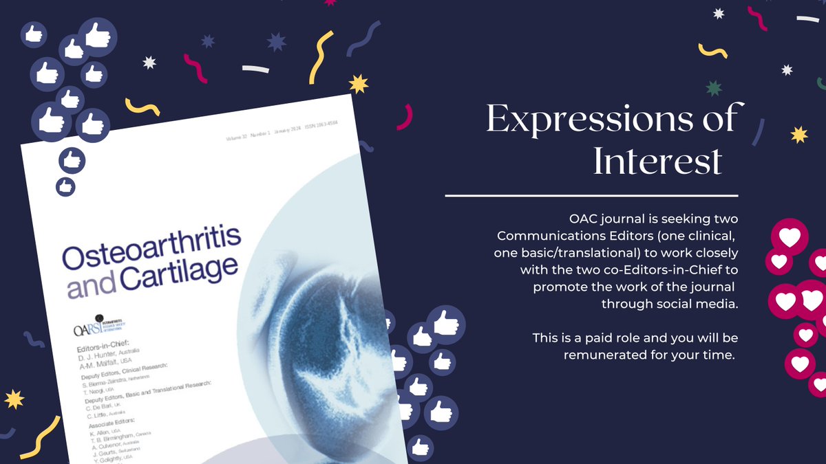 OARSI's official journal (@OACJournal) is looking for two Communications Editors (one clinical, one basic/translational) to assist @ProfDavidHunter and @AM_Malf disseminate the work of the journal. This is a paid role. Fill out EOI here: redcap.sydney.edu.au/surveys/?s=C7P…