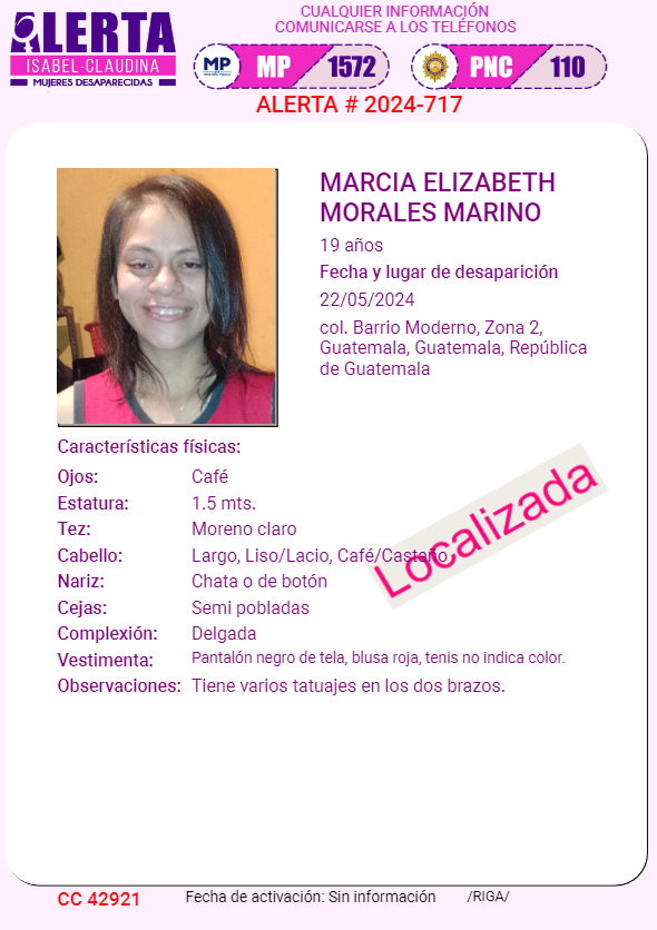 #AlertaIsabelClaudina 📣 Localizada❗ MARCIA ELIZABETH MORALES MARINO Ha sido localizada 📌 Agradecemos haber compartido la información 👌🏼