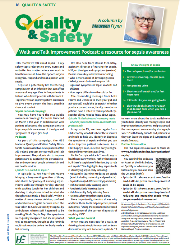 “I would say to healthcare care workers, rather than rule it in, if there’s suspicion of infection, try to rule out sepsis.” -@denisemmccarthy Read the latest on #recognisesepsis in the May issue of #Quality & #Safety Column from @mapflynn⬇️ inmo.ie/Portals/0/Docu…