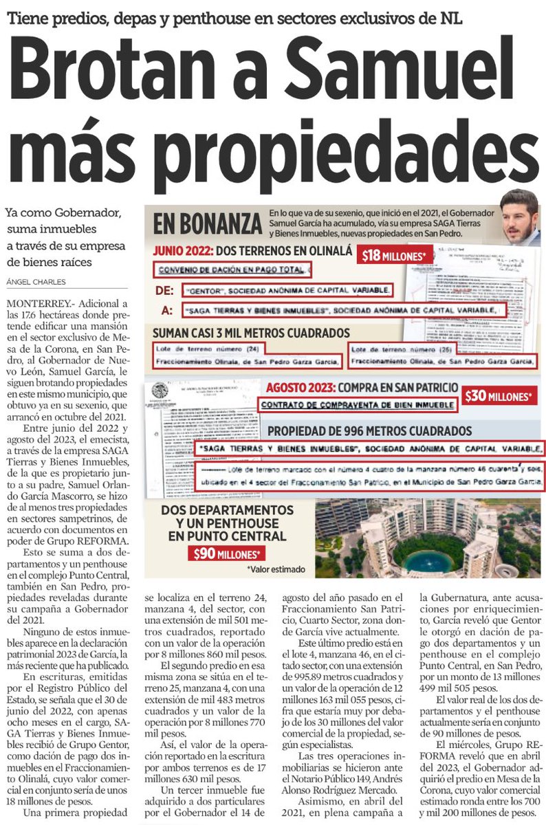 bereaguilarv's tweet photo. ¿Acaso pensaron que el terrenito con un valor de entre 700 y mil mdp era el único esqueleto que el patético #SamuelGarcía esconde? ¡Claro que no! 

A Samuel le siguen brotando propiedades en Mesa de la Corona,San Pedro,que obtuvo ya en su sexenio, que arrancó en octubre del 2021. https://t.co/JKcQX13rjS