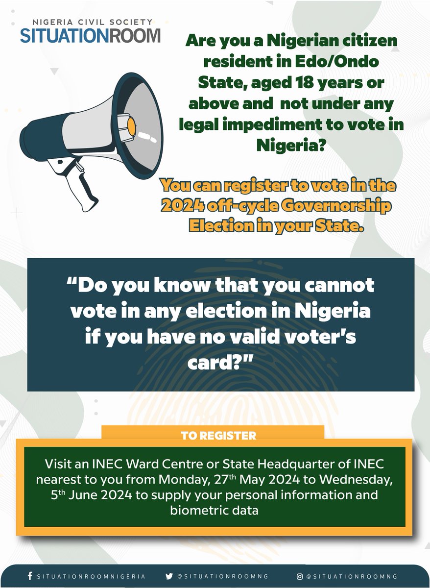Continuous Voter Registration (CVR) for #EdoDecides2024 and #OndoDecides2024 begins on Monday, 27th May 2024. The process will run from 9AM - 3PM daily (including the weekend). There will be no online registration. See flyer for more. #ElectionNewstrend