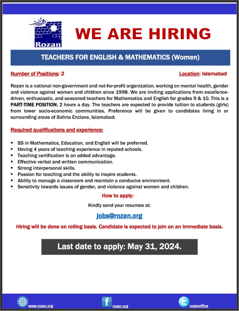 Rozan (@rozanoffice) on Twitter photo Position: Teacher
Last date to apply: 31 May 2024
To Apply: Send your CV at jobs@rozan.org Position: Teacher
Last date to apply: 31 May 2024
To Apply: Send your CV at jobs@rozan.org