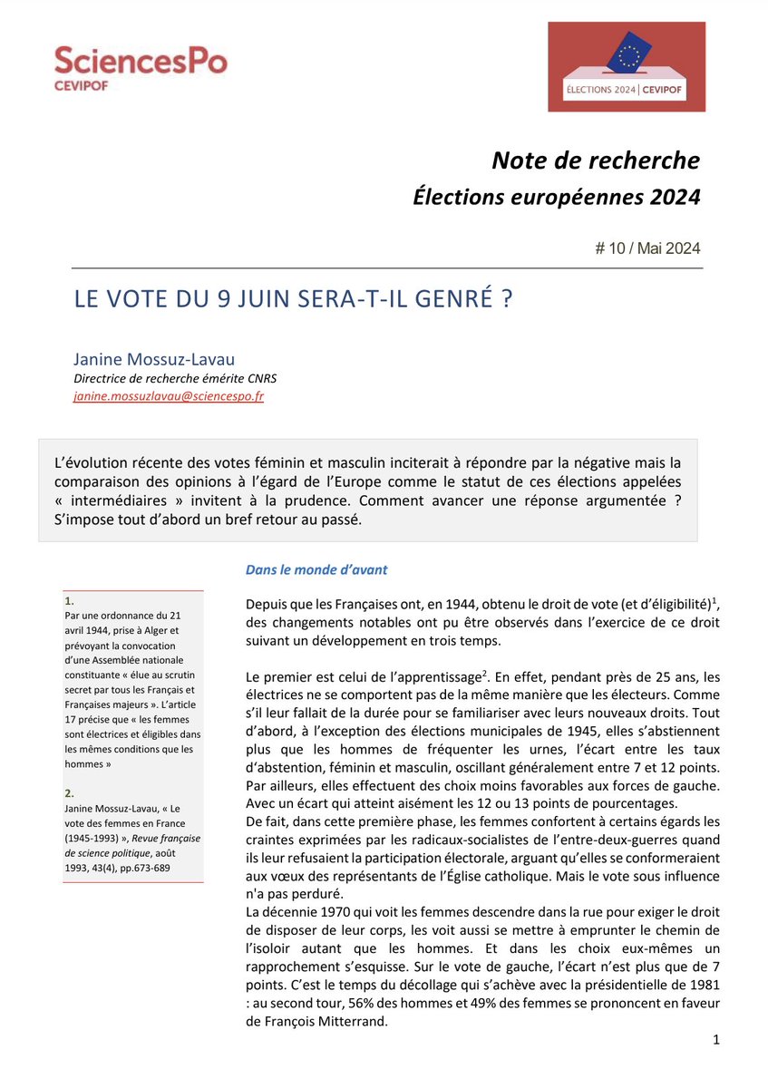 1/2 #Européennes2024 #genre #égalité #femmes #vote La 10e note de recherche du cycle élections européennes interroge : 'Le vote du 9 juin sera-t-il genré ?' par Janine Mossuz-Lavau @CEVIPOF La note ici 👉 tinyurl.com/2w3me7bf