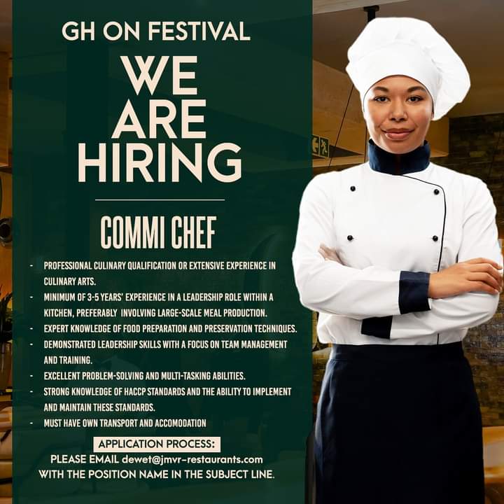 We’re hiring! GH On Festival is looking for a passionate Commis Chef to join our culinary team.

Please email dewet@jmvr-restaurants.com with the position name in the subject line
#jobvacancy 
#chefvacancy