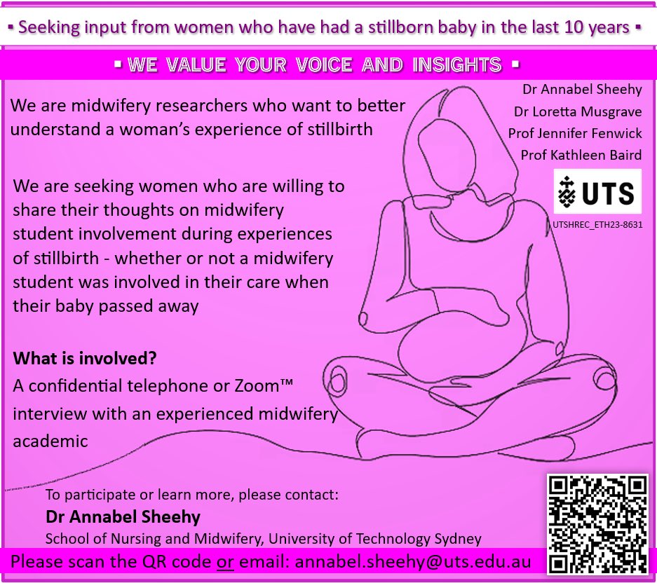 Annabel Sheehy (@annabelsheehy) on Twitter photo Are you a woman who has experienced stillbirth? Your insights can help shape our future midwives. To learn more about our confidential study, use the QR code or email: annabel.sheehy@uts.edu.au Are you a woman who has experienced stillbirth? Your insights can help shape our future midwives. To learn more about our confidential study, use the QR code or email: annabel.sheehy@uts.edu.au