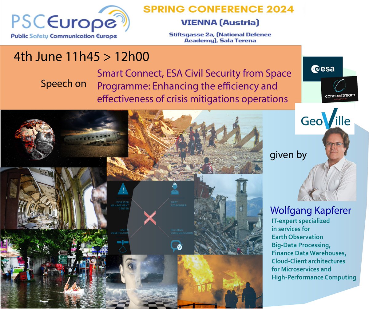 🗓️ 4th June he will be on the stage of our #SpringConference 🎉Wolfgang Kapferer's speech
He, through the ESACSC project SmartConnect, showcases how the conneXstream solution 💡 enhances crisis mitigation efficiency and effectiveness😎Join us rb.gy/tagelw #pubsafety