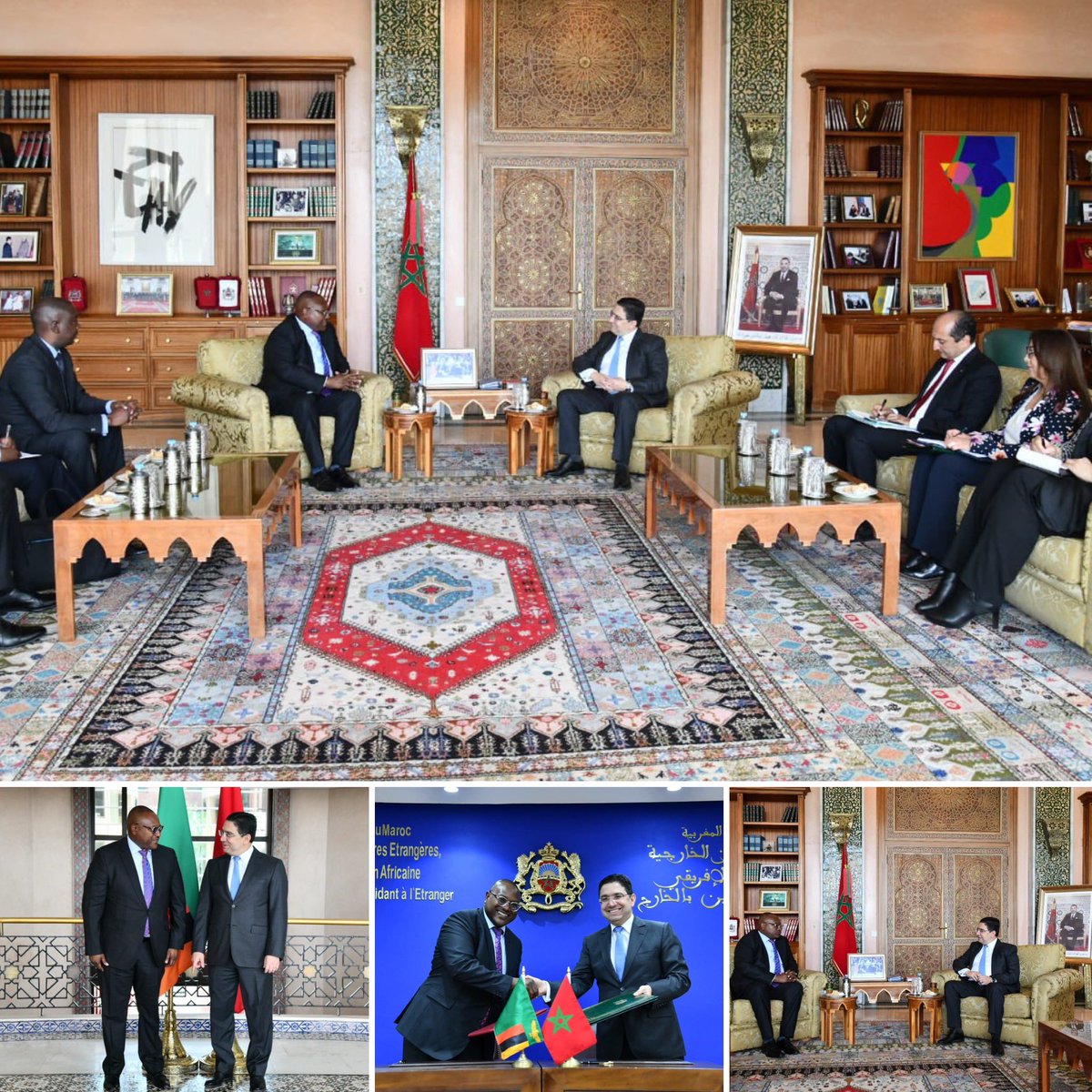 #Rabat 24mai2024
Entretien du Ministre #Bourita avec le ministre de la Justice et ministre par intérim des Affaires étrangères et de la Coopération internationale de la République de #Zambie, M. Mulambo Haimbe.