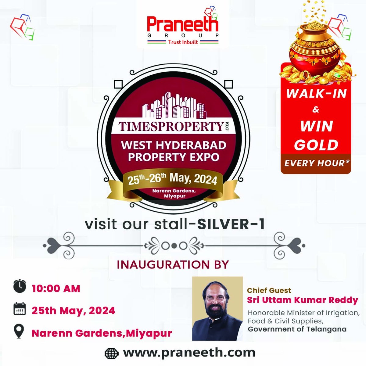 We are participating at the TIMESPROPERTY West Hyderabad Property Expo being held at Narenn Garden, Miyapur on 25th and 26th May, 2024.

Stop by our stall Silver-1 and get all the latest updates on our recent projects!
.
.
.
#PropertyShow2024 #PraneethGroup #Timesproperty