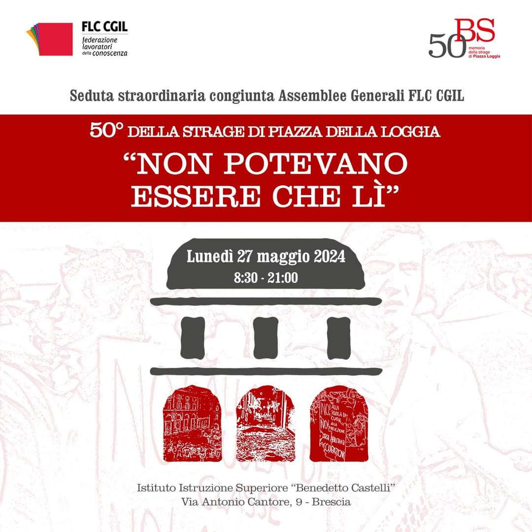 🟥Per il 50°anniversario della strage di #PiazzadellaLoggia, il #27maggio le assemblee generali della FLC CGIL si riuniscono per un’assemblea straordinaria. Rifletteremo sul ruolo della scuola pubblica contro ogni intolleranza e neofascismo
Il programma 👉flcgil.it/@3969914