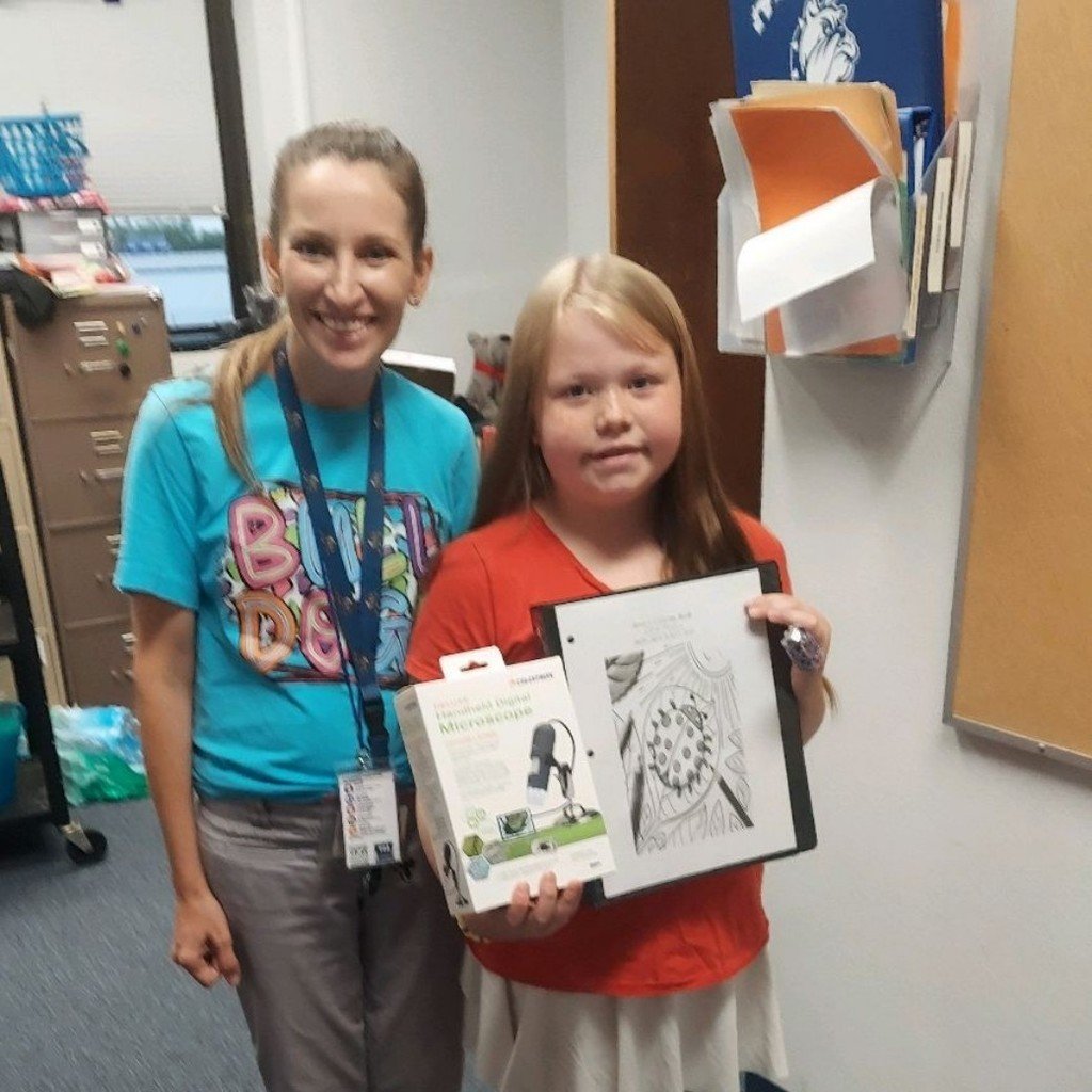 Abigail's AI custom-made  coloring book. This project incorporates letter writing exercises and coloring  outlines of increasing complexity to refine developing motor skills. She even won a GT prize. A handheld microscope.