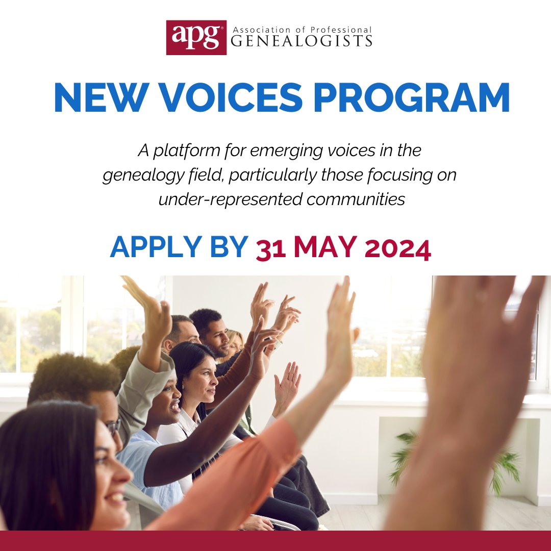 Do you have specialized knowledge about an indigenous, immigrant, international, or marginalized group that you would like to share with professionals in the genealogical community? Submit a proposal for the APG New Voices Program! Details at bit.ly/4acnRDU.