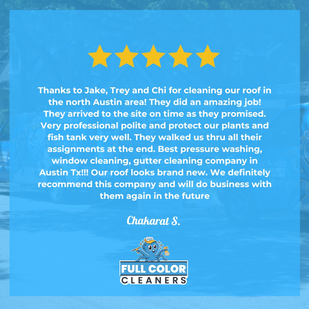 Customer satisfaction is our mission! Thanks, Jibby (Chakarat), for the shoutout.  Jake, Trey & Chi rock! 😎 Need your roof gleaming? We're Austin's #roofcleaning #pressurewashing #windowcleaning #guttercleaning experts! Get a quote today! ☎️