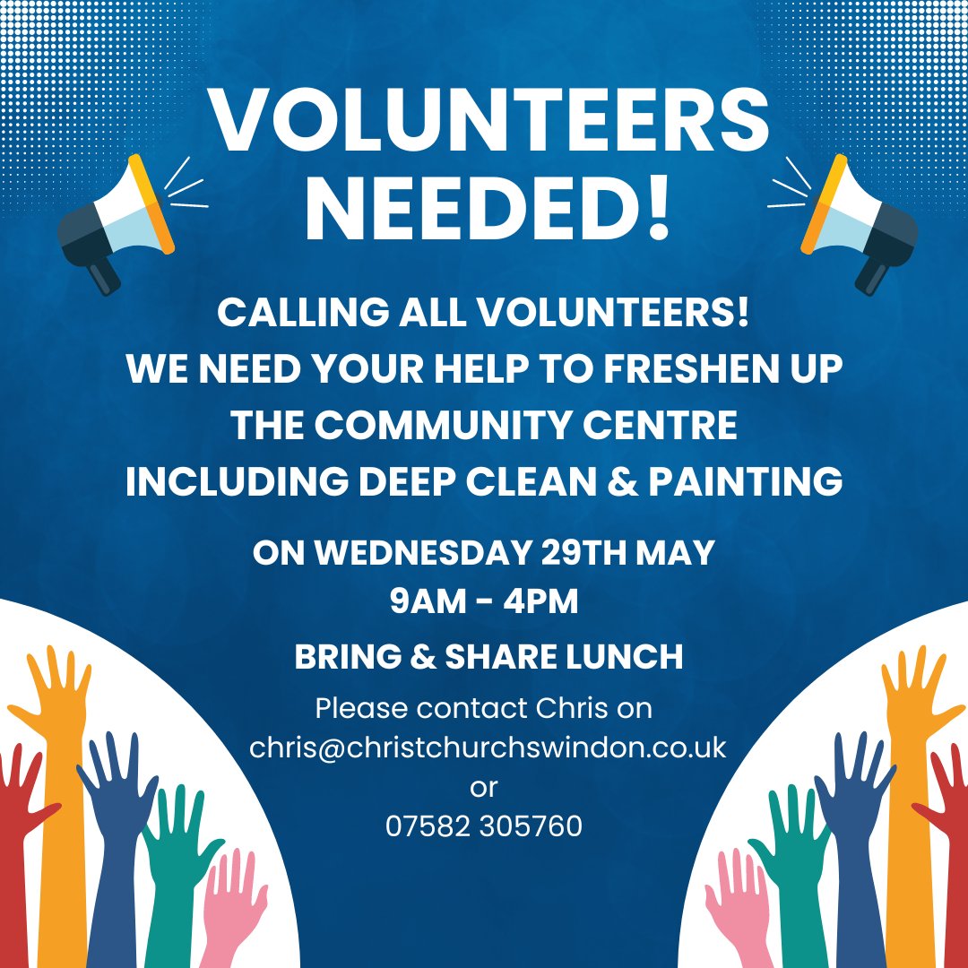 Help needed please Volunteer clean up day – Next Wednesday, 29th May – Please come along anytime between 9am-4pm and help to give the community centre a freshen up including a deep clean and painting Please can you get in touch to let me know if you can make it Thanks Chris