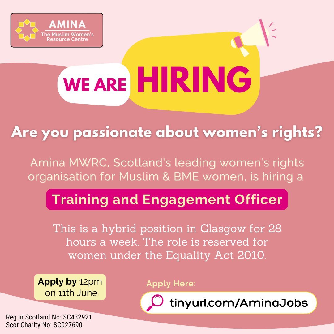 🌟 #JobVacancy: Are you passionate about women's rights? Amina MWRC is Scotland's leading women's rights organisation for Muslim & BME women. Join our Team as the Training & Engagement Officer. 🌸 Apply by 11 June: tinyurl.com/AminaJobs #GlasgowJobs #WomensRights #FeministJobs