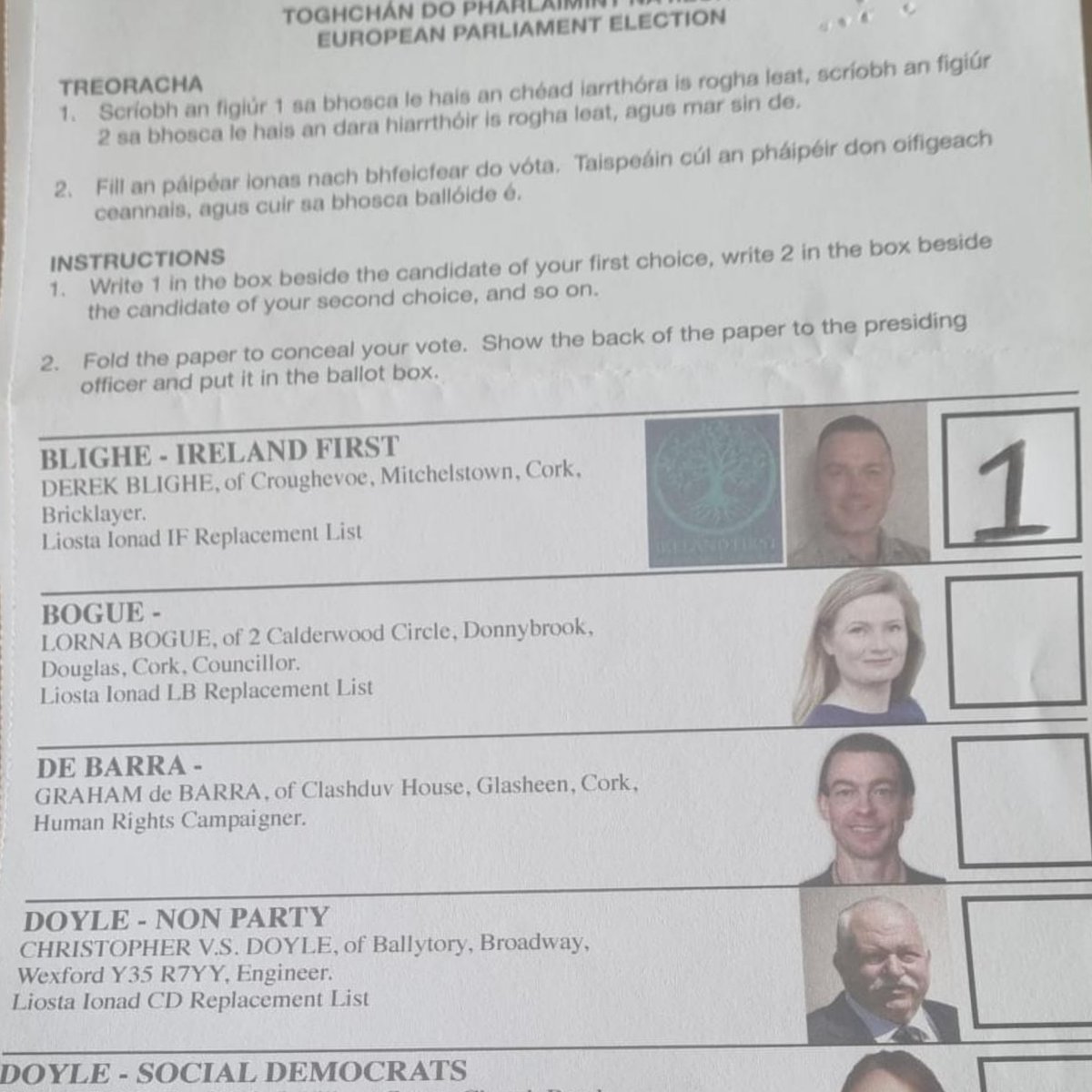Ireland South. This is how the ballot will appear on Polling day, with me at the top, Please select: Derek Blighe no.1 then scroll down... Michael Leahy no.2 Ross Lahive no.3 Una McGurk, Mary Fitzgibbon, Eddie Punch and Michael MacNamara are also worth a preference, I suggest