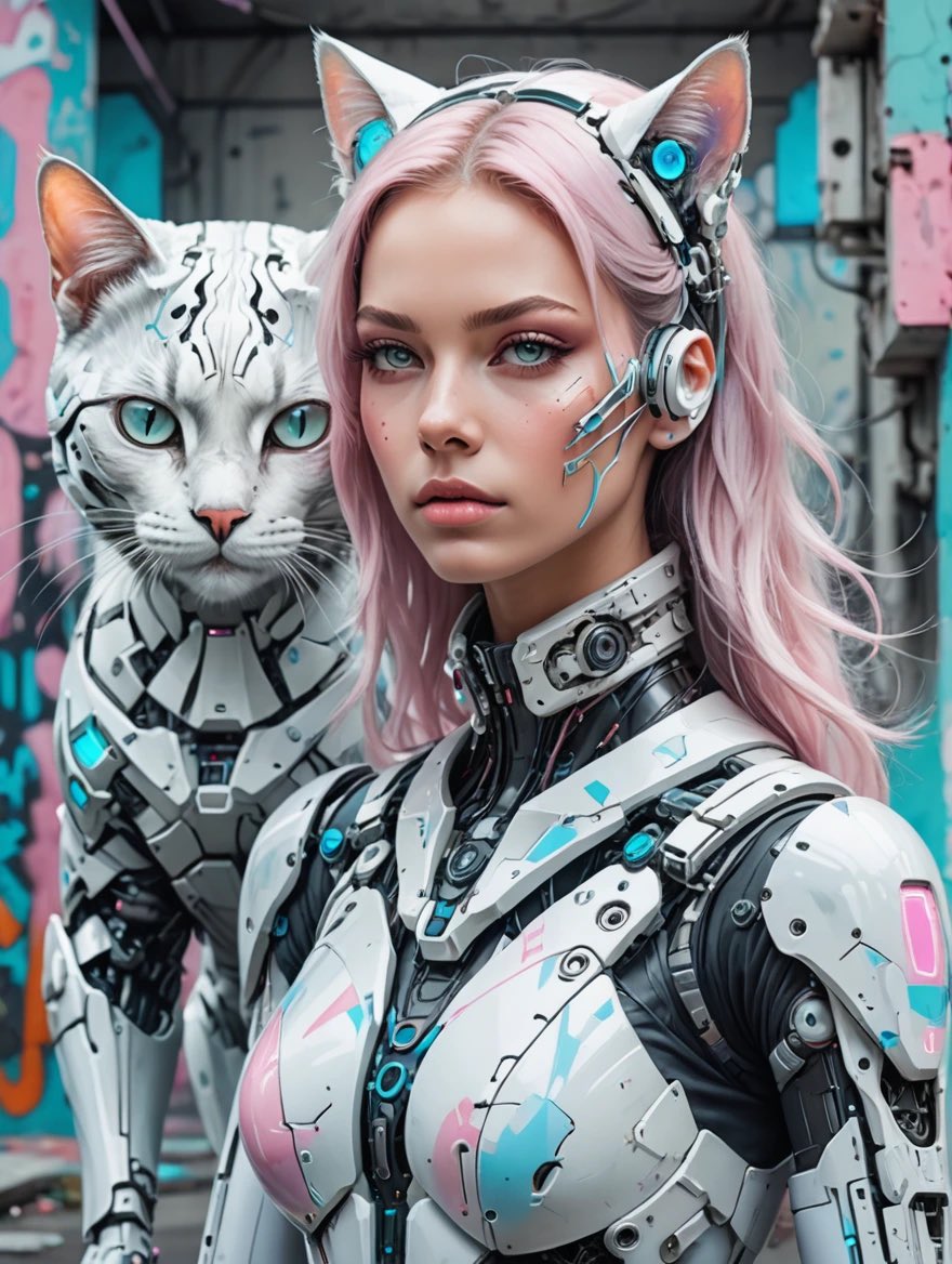 Good morning. ☀️ It feels like a cyborg day to me. 💕🐾☕️ I definitely want her cat. 😂 AI art created with Remix AI @getremixai / Look for Jinx. 🥰 Prompt share: Beautiful pastel and white cyborg woman and a cat, futuristic graffiti background.