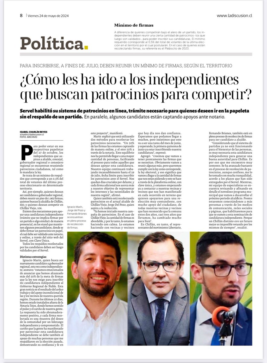 imarinabuin's tweet photo. 📢 ¡Gran noticia! 📰 Hoy aparecimos en el diario La Discusión. Ya hemos conseguido más del 50% de los patrocinios para mi candidatura independiente al Gobierno Regional de Ñuble. ¡Gracias a todos por el apoyo!🙌💪 #CandidaturaIndependiente #Ñuble #MásDel50 https://t.co/ZdB9F0gU83 https://t.co/VEtHdLgT2u