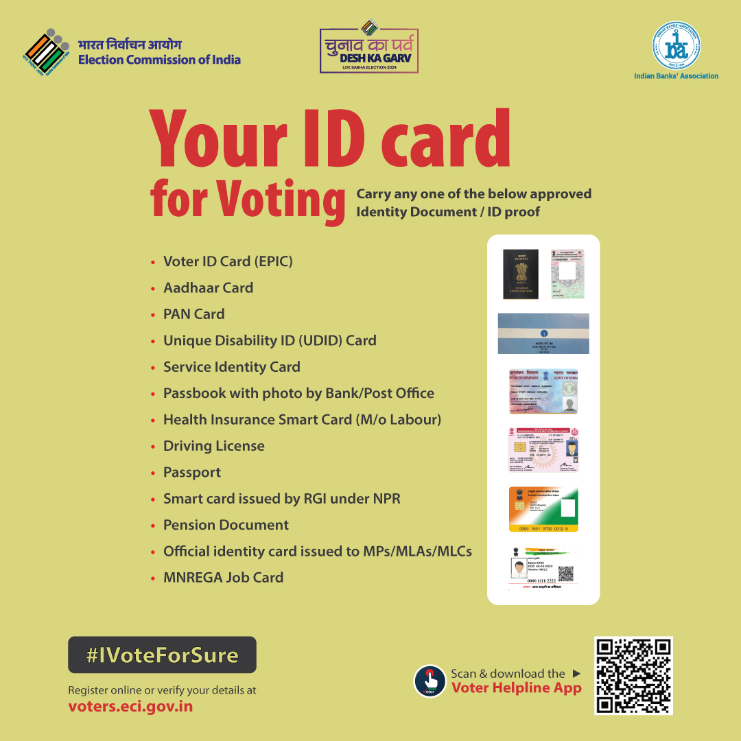 Here is the list of IDs that you can carry to the voting centre and cast your vote rightfully.

@ECISVEEP @DFS_India 

#IVoteForSure #UnionBankOfIndia #GoodPeopleToBankWith