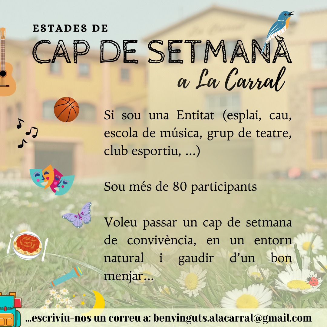 🌳✨ Estades de cap de setmana a La Carral! 🌟🏞️

Per entitats de +80 persones que volen gaudir de convivència, natura i bon menjar! 🍽️

📧 Info: benvinguts.alacarral@gmail.com

#LaCarral #CapDeSetmana #Convivència