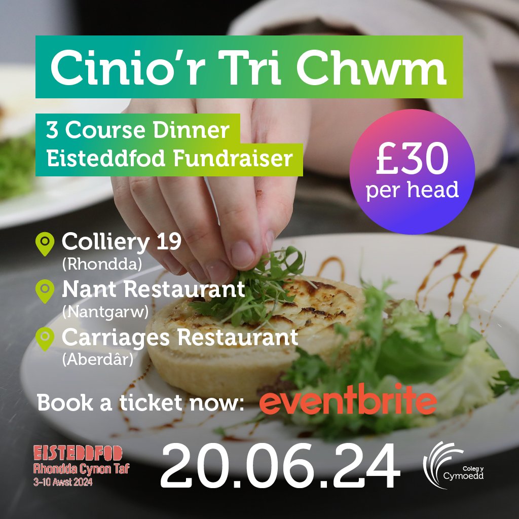 Join us at our award-winning Carriages restaurant at our @ColegyCymoedd #Aberdare campus for an evening of incredible food - raising money for the @eisteddfod_eng

📅Thursday, 20th June
⏰7-9pm
👛£30 per head

eventbrite.co.uk/e/cinior-3-chw…

#NationalEisteddfod #steddfod2024 #Fundraiser