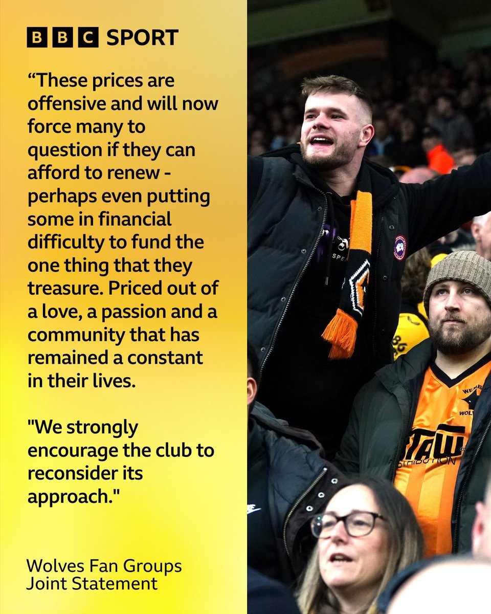 Wolves fan groups have issued a joint statement and petition calling for the club to reconsider its season ticket price increases. Listen to #wwfc fans who’ve called @bbcwm - bit.ly/4bRtM26