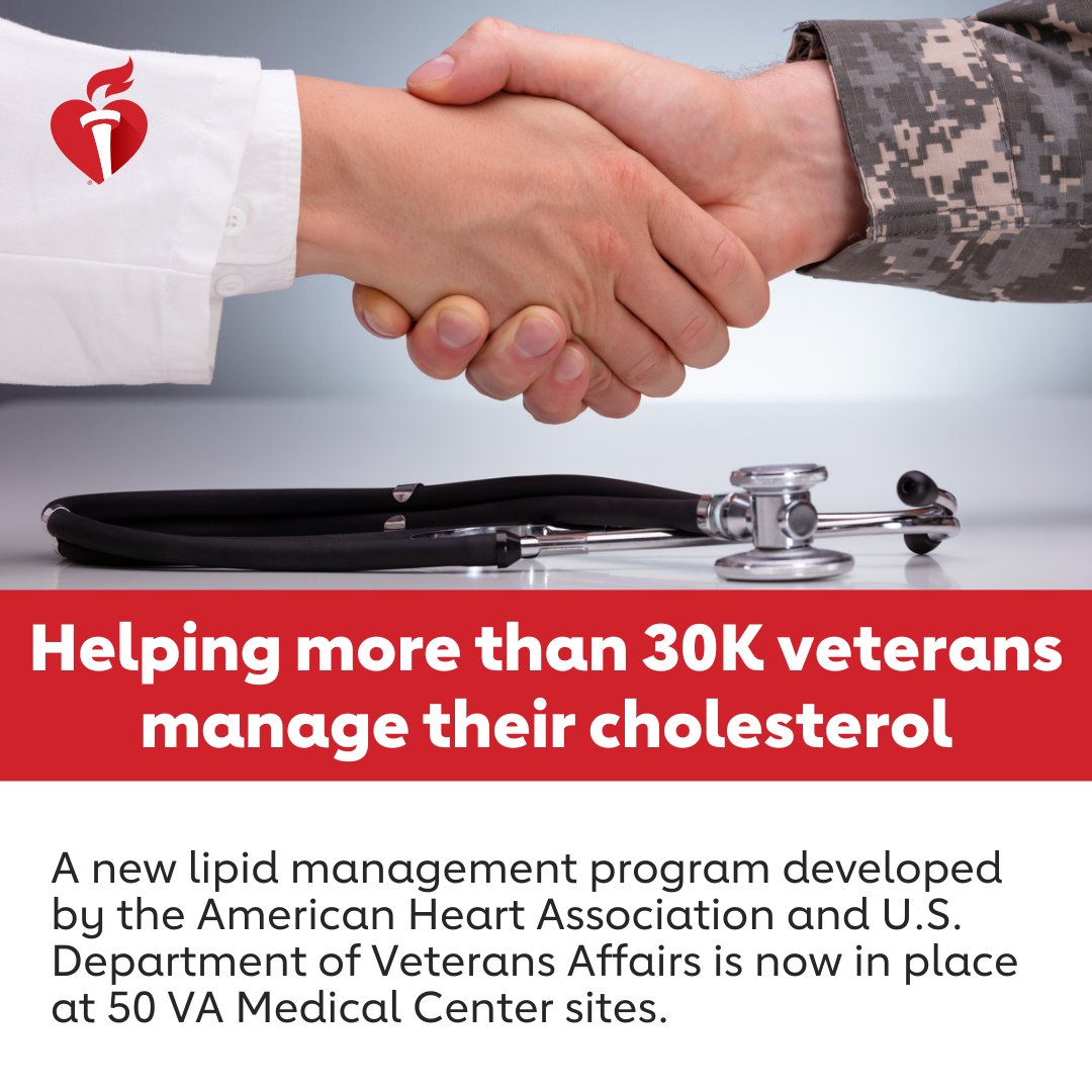 More than 2M veterans live w/ cardiovascular disease that requires cholesterol management. During #MilitaryAppreciationMonth, tens of thousands of veterans are benefiting from a lipid management program developed by @american_heart & @DeptVetAffairs 👉 spr.ly/6012d7r50