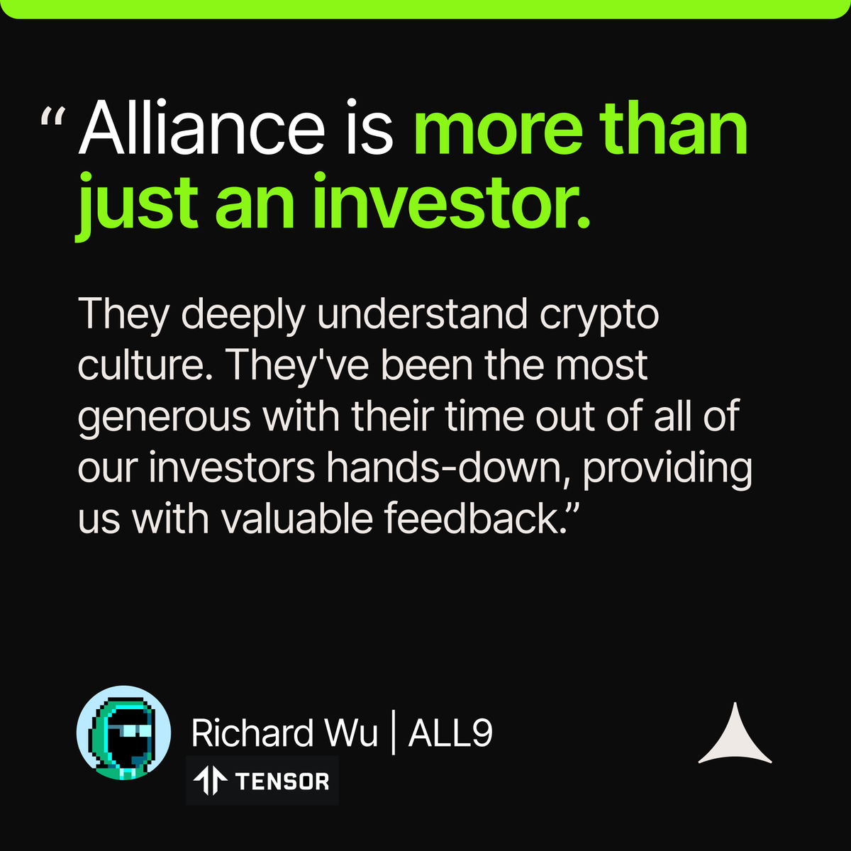 What is Alliance’s Culture? ALL9 cohort member and co-founder of @tensor_hq, @0xrwu, describes below. Apply to join our next cohort by May 29th: alliance.xyz