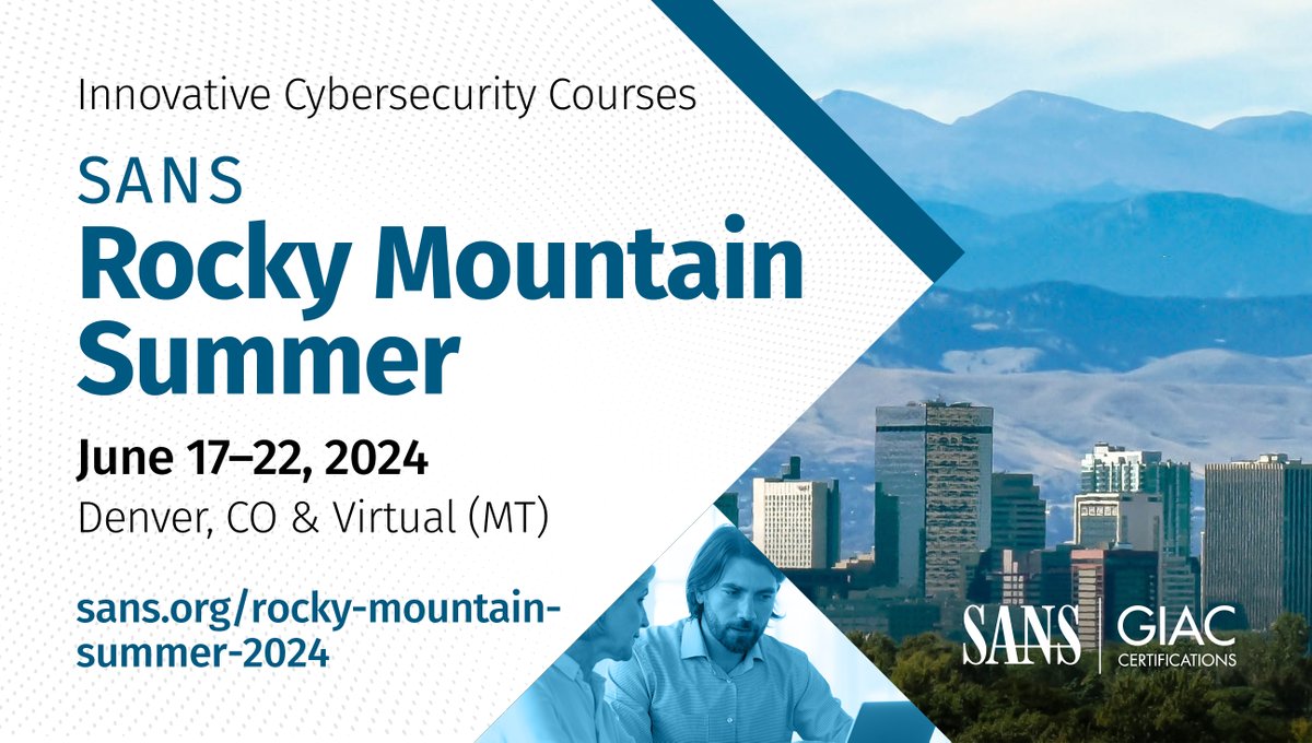 📶 Looking for a summer cyber skills boost? Now is the perfect time to level up your skills at SANS Rocky Mountain Summer 2024. Join us either Live Online or In-Person from June 17 - 22, 2024 → sans.org/u/1wft #SANSLiveTraining