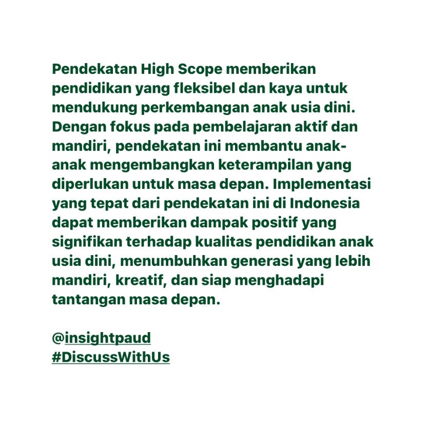 InsightPAUD's tweet image. Pendidikan yang baik dimulai dari metode yang tepat. HighScope membantu anak-anak menemukan potensi mereka melalui pembelajaran aktif. 🌟

#InsightPAUD
#DiscussWithUs