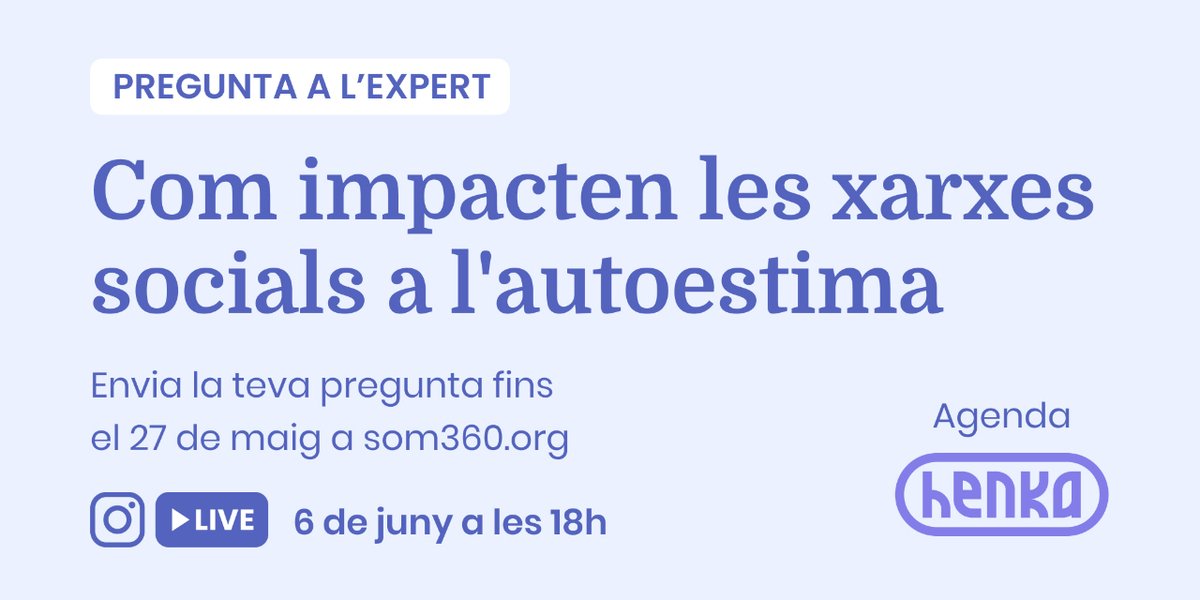 Pregunta a l'expert! 🗣️ Kike Esnaola, psicòleg i fundador de Forapsico ens parlarà sobre com impacten les #XXSS a l'autoestima. L'acompanyarà Anna Sintes, psicòloga infantojuvenil (@SJDbarcelona_ca) #henka 📩 Envia'ns els teus dubtes fins al 27/5 som360.org/ca/pregunta-ex…