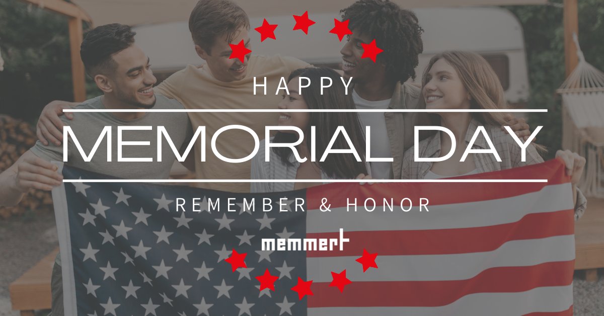 memmertusa's tweet photo. Memmert USA, LLC will be closed Friday, May 24th through Monday, May 27th in observance of the Memorial Day Holiday. We will resume normal business hours on Tuesday, May 28th. Happy Memorial Day! https://t.co/c3zBgHmQRd