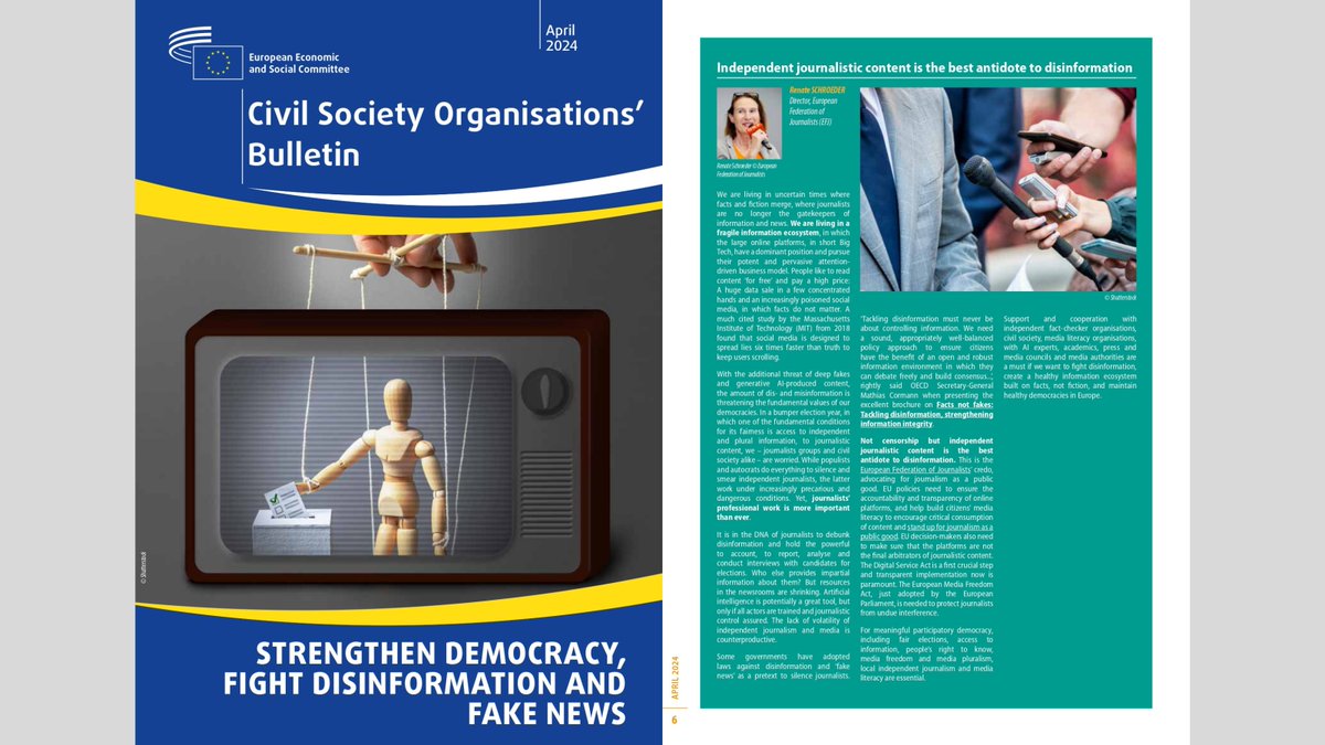 EU policies need to: ▪️ ensure accountability and transparency of online platforms; ▪️ help build citizens’ media literacy; ▪️ recognise journalism as a public good, ✍️ @renatemargot @EFJEUROPE on #disinformation, #FakeNews and #journalists on page 6 👉 europa.eu/!wKWyd8