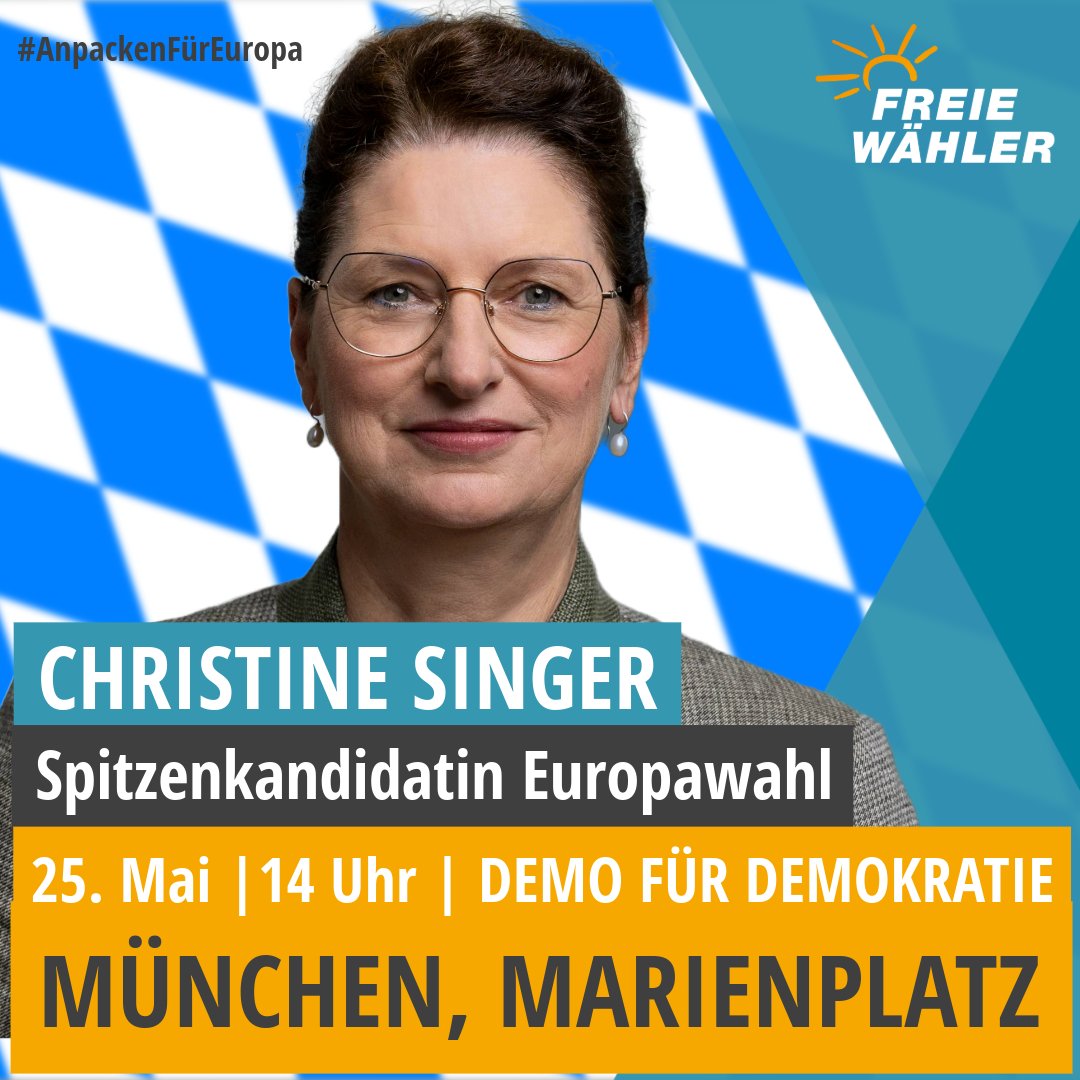 🔶 Demo für Demokratie 📍Marienplatz 🗓️ 25.05.2024 🕑 14 Uhr Unsere Spitzenkandidatin zur Europa-Wahl Christine Singer ist dabei. #planfürmünchen #lebenswertesmünchen #demokratie #europa #europawahl #münchen #freiewähler #fwbayern #polotikdermitte #anpackenfüreuropa