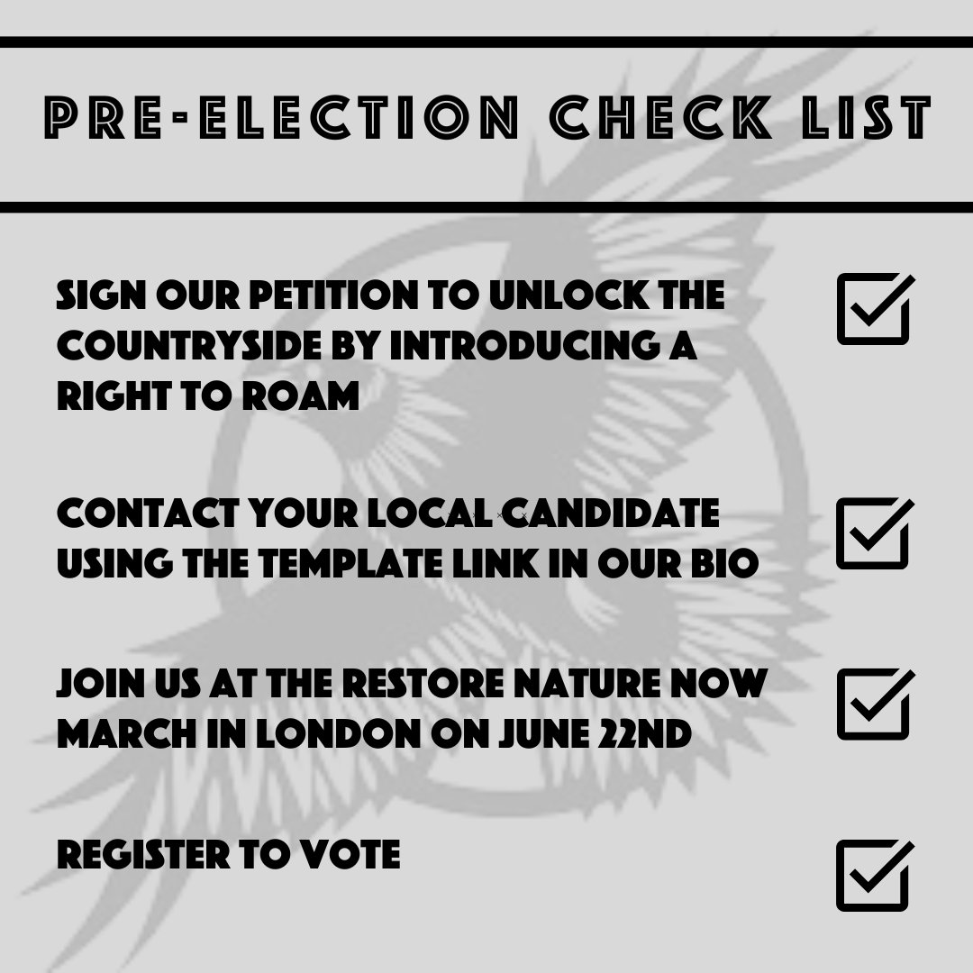 Want to know what steps to take in the run up to the election? Take a look at our checklist ⤵️ (links to the petition, candidate template and Restore Nature Now pledge are in our bio)